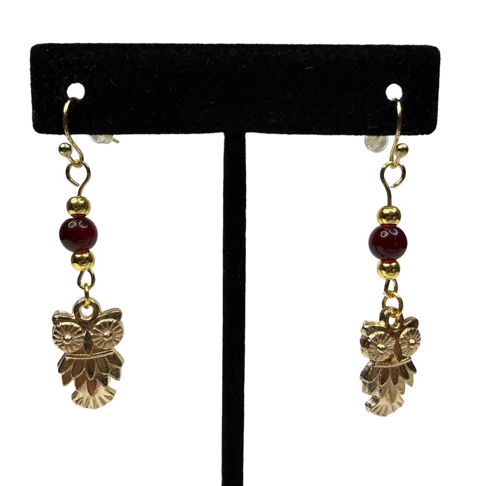 18K Gold Hook Owl Charm Dangle Earrings with Red Beads Fashion Jewelry